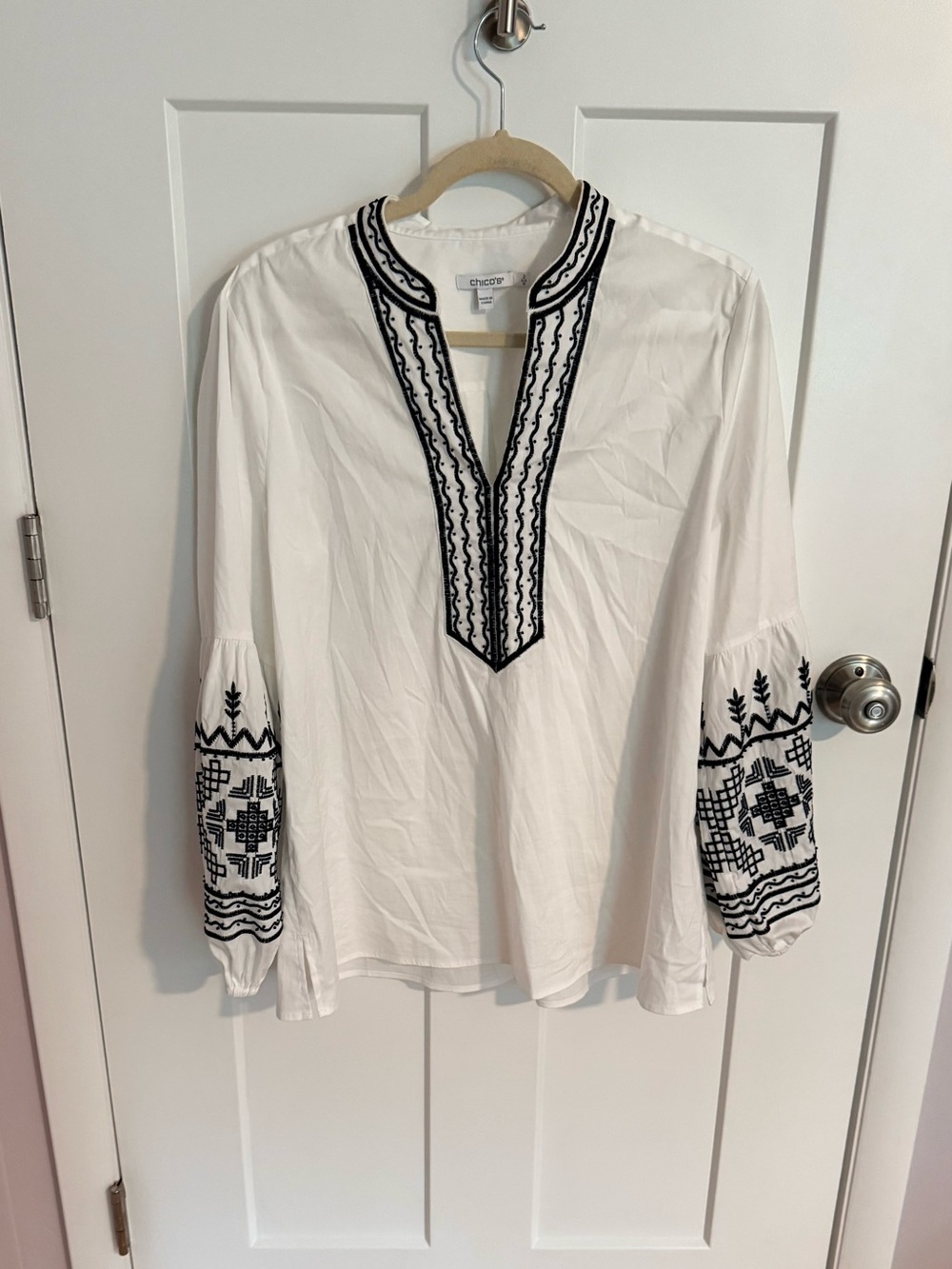 Chico’s Embroidered and Beaded White Boho Blouse